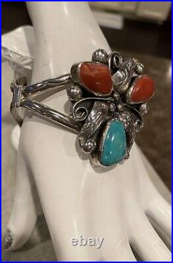 Vintage Sterling Silver Turquoise and Coral Cuff Bracelet Signed