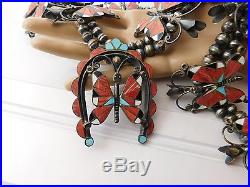Vintage Sterling Silver ZUNI Inlay Turquoise BUTTERFLY Squash Blossom Necklace