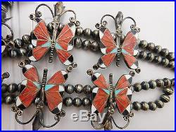 Vintage Sterling Silver ZUNI Inlay Turquoise BUTTERFLY Squash Blossom Necklace