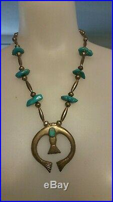 Vintage Sterling Turquoise Nugget sand cast NAJA Squash Blossom Navajo Necklace