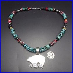 Vintage TOMMY SINGER Sterling Silver BEAR PENDANT & TURQUOISE Bead NECKLACE