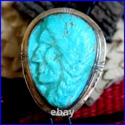Vintage TURQUOISE + STERLING bolo NATIVE AMERICAN BUST head Chief Navajo signed