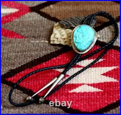Vintage TURQUOISE + STERLING bolo NATIVE AMERICAN BUST head Chief Navajo signed