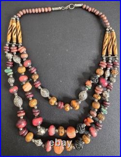 Vintage Tribal Multi-Strand Necklace Etched Agate Bone Beads Boho Ethnic Jewelr