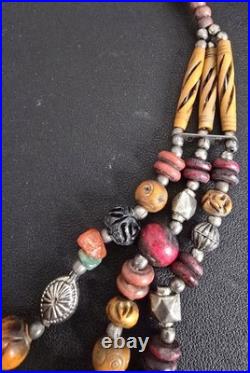 Vintage Tribal Multi-Strand Necklace Etched Agate Bone Beads Boho Ethnic Jewelr