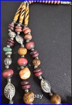 Vintage Tribal Multi-Strand Necklace Etched Agate Bone Beads Boho Ethnic Jewelr