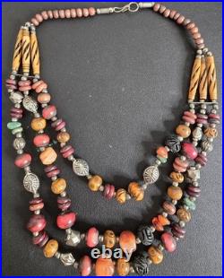 Vintage Tribal Multi-Strand Necklace Etched Agate Bone Beads Boho Ethnic Jewelr