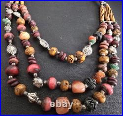 Vintage Tribal Multi-Strand Necklace Etched Agate Bone Beads Boho Ethnic Jewelr
