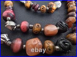 Vintage Tribal Multi-Strand Necklace Etched Agate Bone Beads Boho Ethnic Jewelr