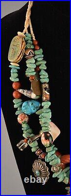 Vintage Turquoise Charm Necklace Zuni fetishes & Inlay, Navajo Silver 23.5