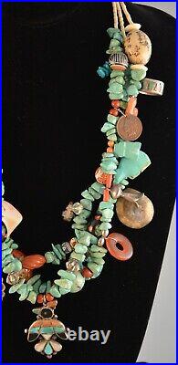 Vintage Turquoise Charm Necklace Zuni fetishes & Inlay, Navajo Silver 23.5