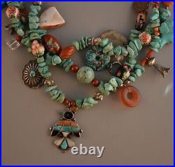 Vintage Turquoise Charm Necklace Zuni fetishes & Inlay, Navajo Silver 23.5