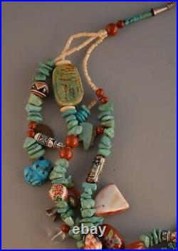 Vintage Turquoise Charm Necklace Zuni fetishes & Inlay, Navajo Silver 23.5