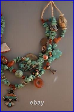 Vintage Turquoise Charm Necklace Zuni fetishes & Inlay, Navajo Silver 23.5