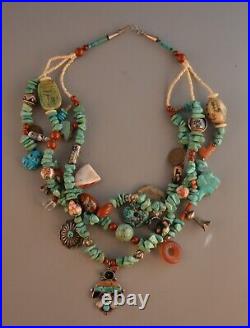 Vintage Turquoise Charm Necklace Zuni fetishes & Inlay, Navajo Silver 23.5