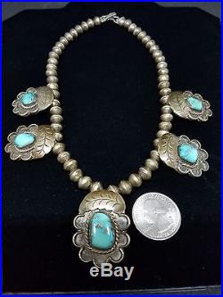 Vintage Turquoise Native American Squash Blossom Necklace Detailed Old Pawn 925