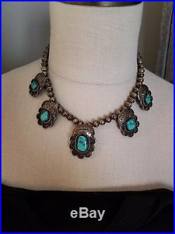 Vintage Turquoise Native American Squash Blossom Necklace Detailed Old Pawn 925