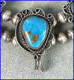 Vintage Turquoise Squash Blossom Necklace 16 Sterling Bench made Beads Navajo