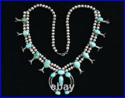 Vintage Turquoise Squash Blossom Necklace Sterling Silver 23 Inch Bench Beads