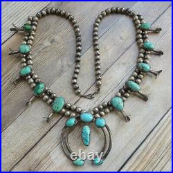 Vintage Turquoise Squash Blossom Necklace Sterling Silver 23 Inch Bench Beads