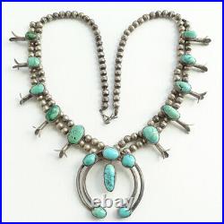 Vintage Turquoise Squash Blossom Necklace Sterling Silver 23 Inch Bench Beads