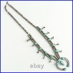 Vintage Turquoise Squash Blossom Necklace Sterling Silver 23 Inch Bench Beads