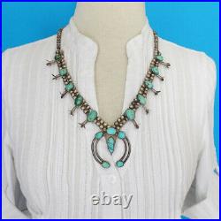 Vintage Turquoise Squash Blossom Necklace Sterling Silver 23 Inch Bench Beads