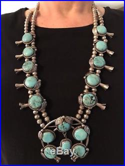 Vintage Turquoise Squash Blossom Necklace Sterling Silver 925, 226.7 grams