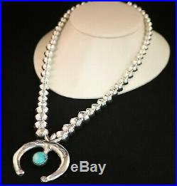 Vintage Turquoise Sterling Silver Naja Beaded Pendant Necklace- Stamped M. C