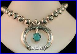 Vintage Turquoise Sterling Silver Naja Beaded Pendant Necklace- Stamped M. C