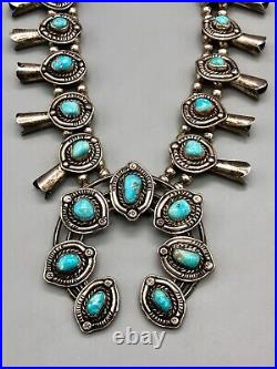 Vintage Turquoise and Sterling Silver Squash Blossom Necklace