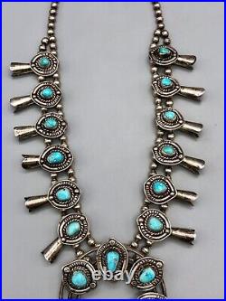 Vintage Turquoise and Sterling Silver Squash Blossom Necklace