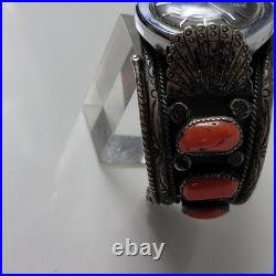 Vintage Watch Bracelet Sz 7 Native American. 925 Coral Navajo 125gm A. Begay