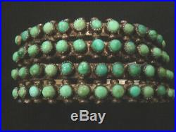 Vintage ZUNI Four-Row Petit Point Turquoise & Stamped Coin Silver Cuff Bracelet
