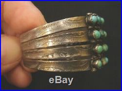 Vintage ZUNI Four-Row Petit Point Turquoise & Stamped Coin Silver Cuff Bracelet
