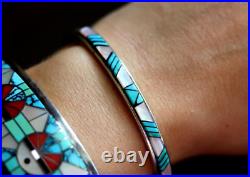 Vintage ZUNI GEOMETRIC MULTI STONE INLAY CUFF BRACELET turquoise pink MOP SIGNED