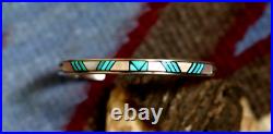 Vintage ZUNI GEOMETRIC MULTI STONE INLAY CUFF BRACELET turquoise pink MOP SIGNED