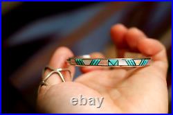 Vintage ZUNI GEOMETRIC MULTI STONE INLAY CUFF BRACELET turquoise pink MOP SIGNED