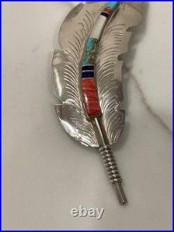 Vintage ZUNI Hair Clip Southwestern Inlaid Gemstone Feather Native American