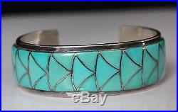 Vintage ZUNI Native American Turquoise Flush Inlay Cuff Bracelet ORLINDA NATEWA