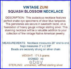 Vintage ZUNI Snake Eye TURQUOISE Petit Point SQUASH BLOSSOM Necklace STERLING