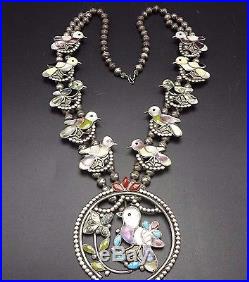 Vintage ZUNI Sterling Silver & Multi Stone Inlay SQUASH BLOSSOM Necklace BIRDS
