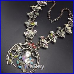 Vintage ZUNI Sterling Silver & Multi Stone Inlay SQUASH BLOSSOM Necklace BIRDS