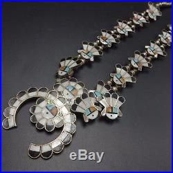 Vintage ZUNI Sterling Silver SUN FACE Inlay SQUASH BLOSSOM Necklace Earrings SET