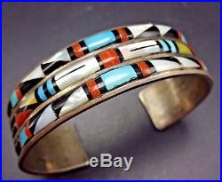 Vintage ZUNI Sterling Silver TURQUOISE Jet CORAL MOP Inlay Cuff BRACELET