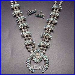 Vintage ZUNI Sterling Silver & Turquoise SQUASH BLOSSOM Necklace & Earrings SET