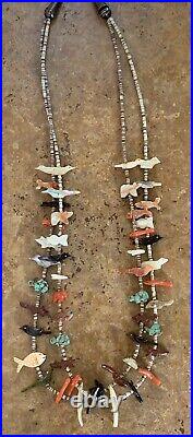Vintage Zuni 26 Double Strand Fetish Necklace With Multi Stones Sterling Tips