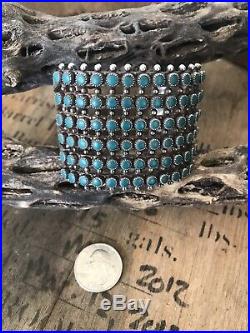 Vintage Zuni 6 ROW Sterling Silver Turquoise Petit Point Snake Eye Cuff Bracelet