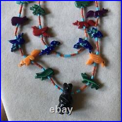 Vintage Zuni Colorful Carved Double Strand Fetish Necklace Coral Turquoise Onyx