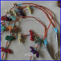Vintage Zuni Colorful Carved Double Strand Fetish Necklace Coral Turquoise Onyx
